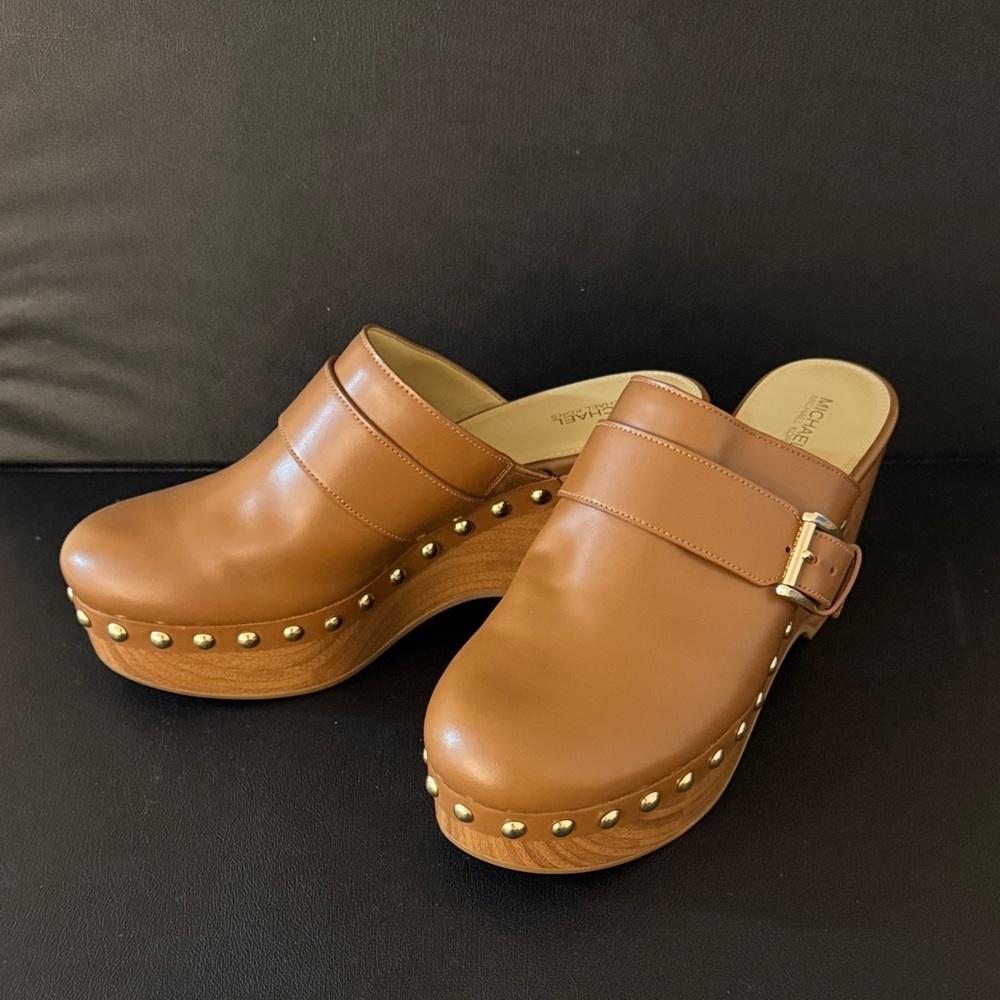 MK Michael Kors brown platform clogs with gold studs